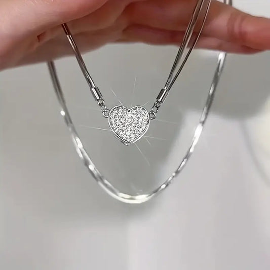 Luxury Heart-Shaped Zircon Multilayer Magnet Necklace